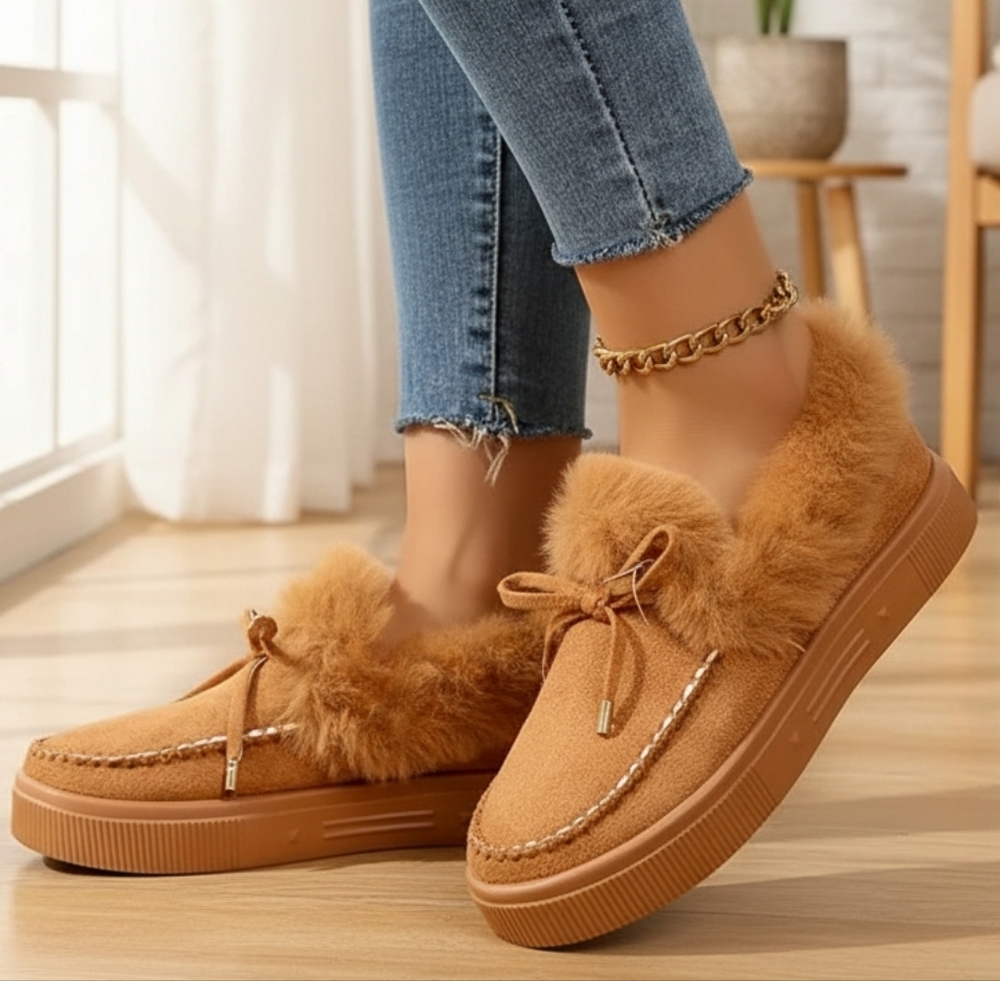Bow Top Plush Faux Fur Loafers Slip-On Moccasin Soft Flat Outdoor House Shoes